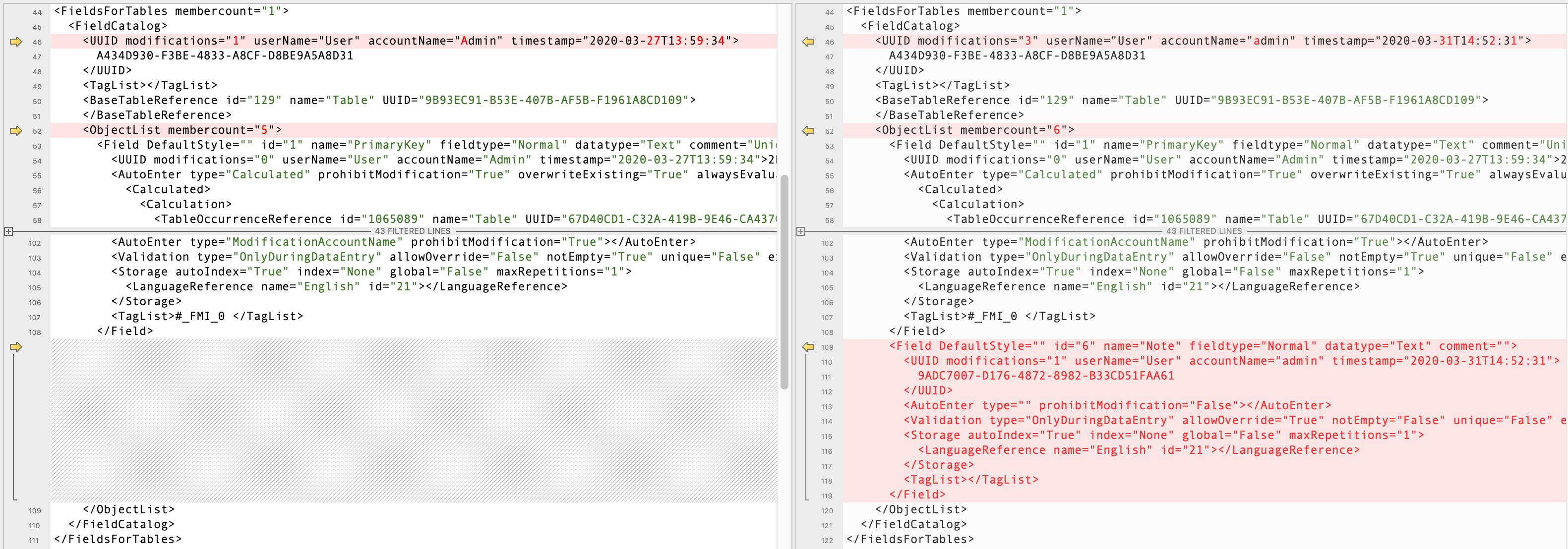 Comparison of v1 and v2 FMSaveAsXML files for adding a field