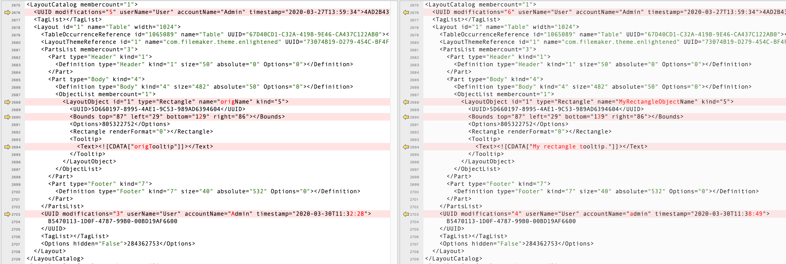 Comparison of v1 and v2 FMSaveAsXML files for modifying a rectangle object