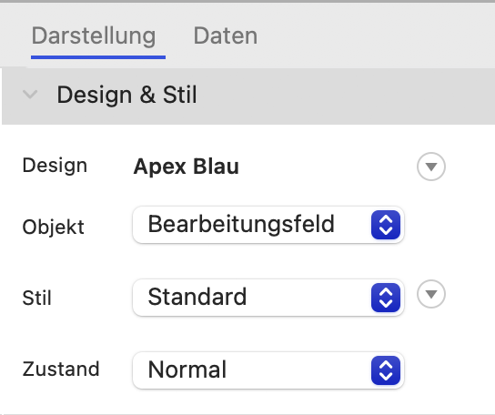 Bereich „Inspektor“ mit den Registern „Darstellung“ und „Daten“ in macOS