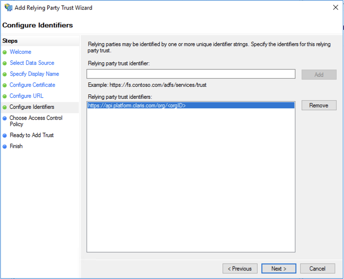 Active Directory-Verbunddienste, Vertrauensassistent der vertrauenden Seite Identifier konfigurieren