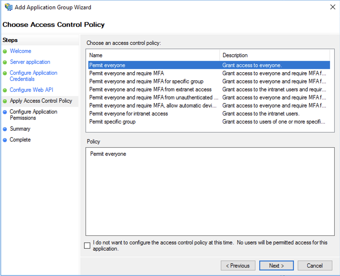 Active Directory-Verbunddienste, App-Gruppen-Assistent, Zugriffssteuerungsrichtlinie
