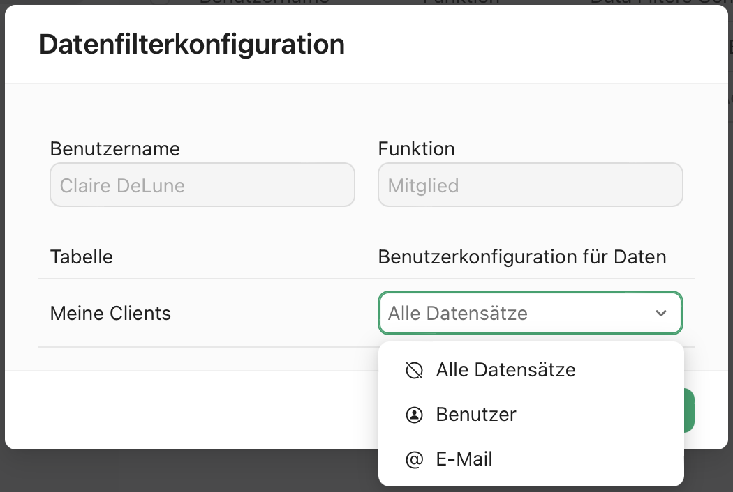 Datenfilterkonfiguration, Benutzerkonfiguration für Datenoptionen