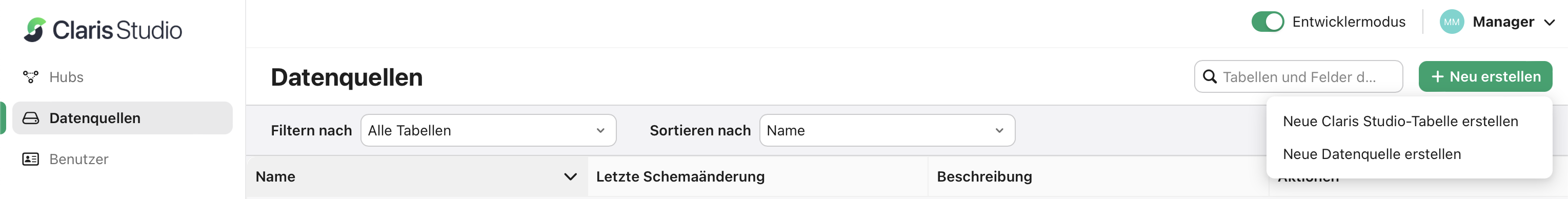 Registerkarte „Datenquellen“, Neu erstellen 