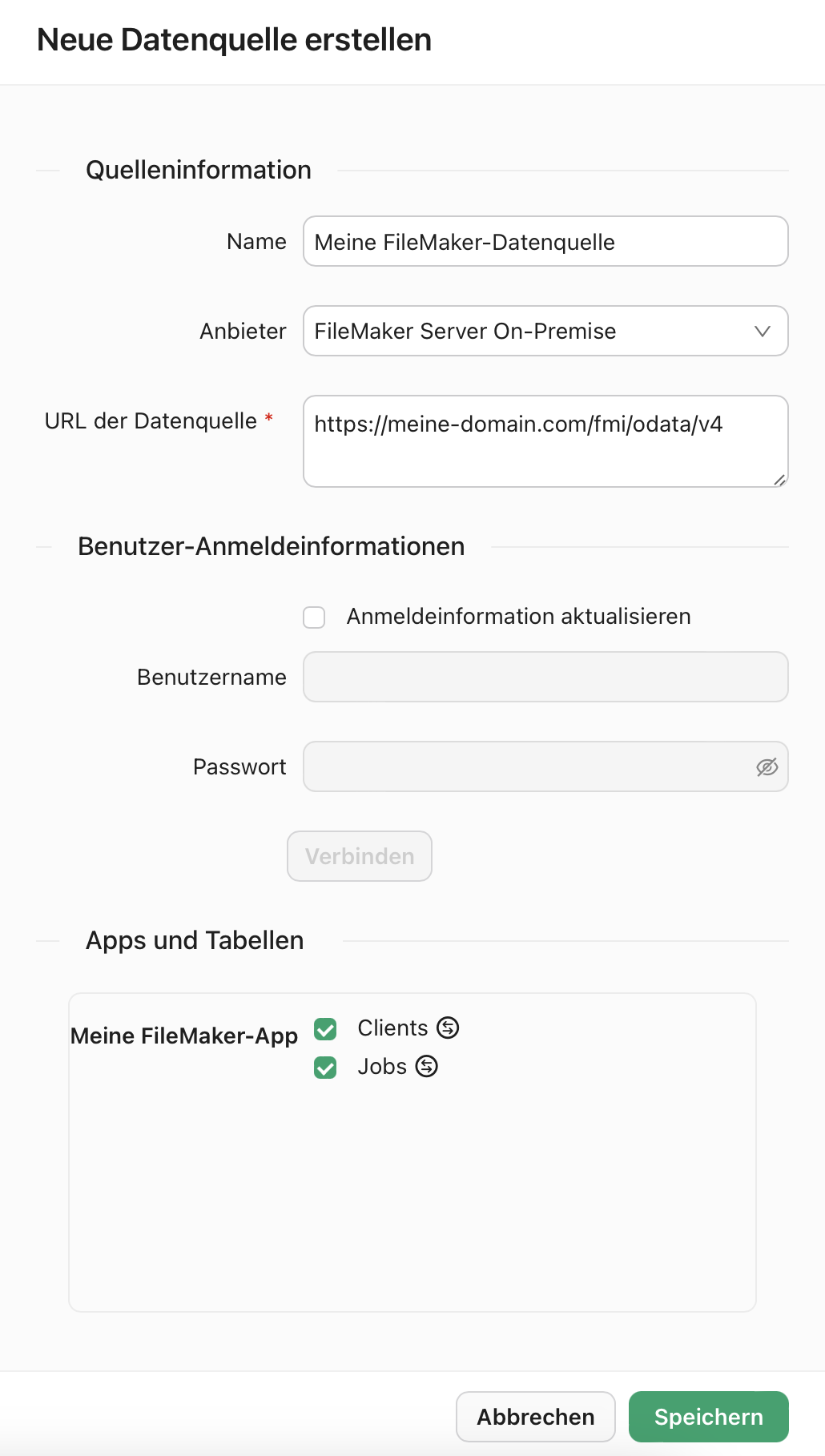 Register „Datenquellen“, Dialogfeld „Neue Datenquelle erstellen“