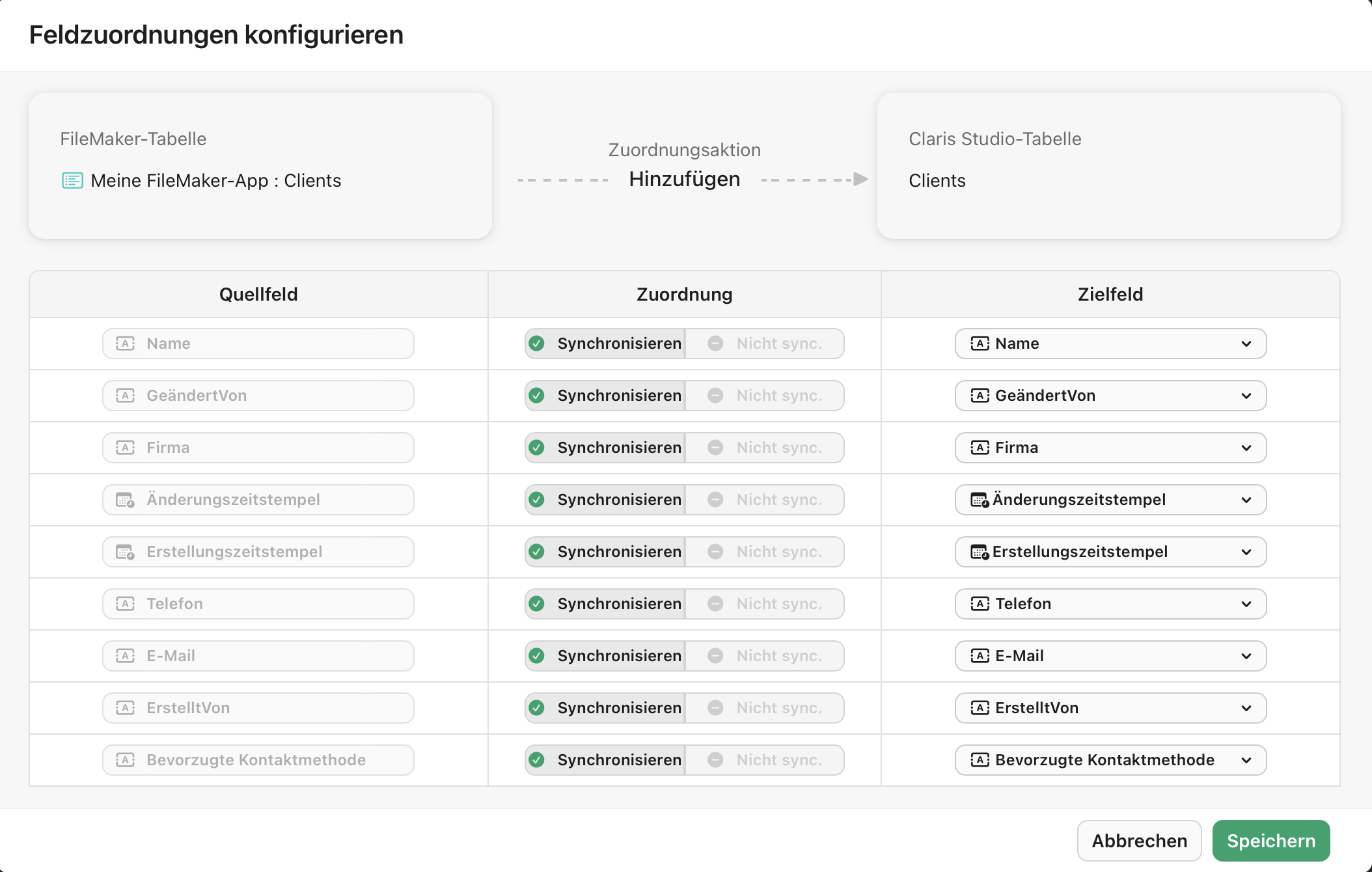 Datenquellen, Dialogfeld „Feldzuordnungen konfigurieren“, Liste der Felder