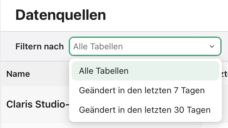 Register „Datenquellen“, Filtern nach