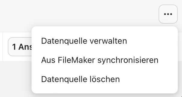 Register „Datenquellen“, Menü „FileMaker-Datenquelle“