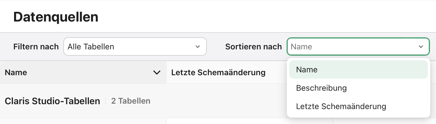 Register „Datenquellen“, Sortieren nach