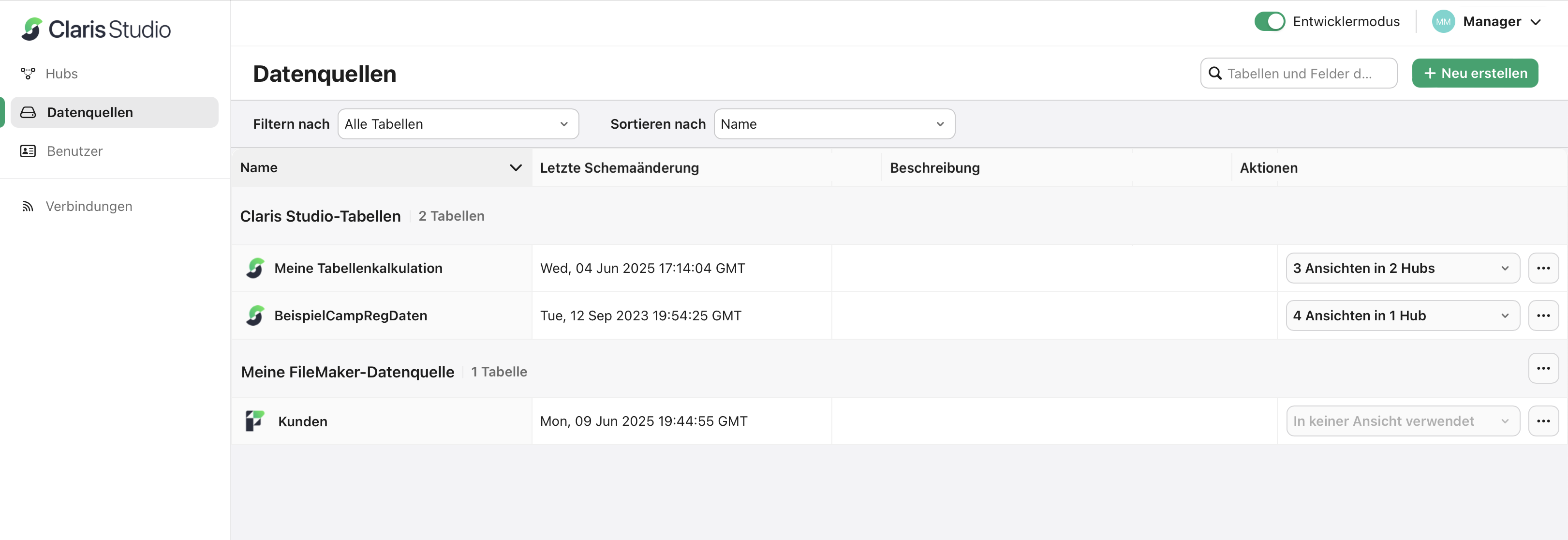 Register „Datenquellen“, Übersicht