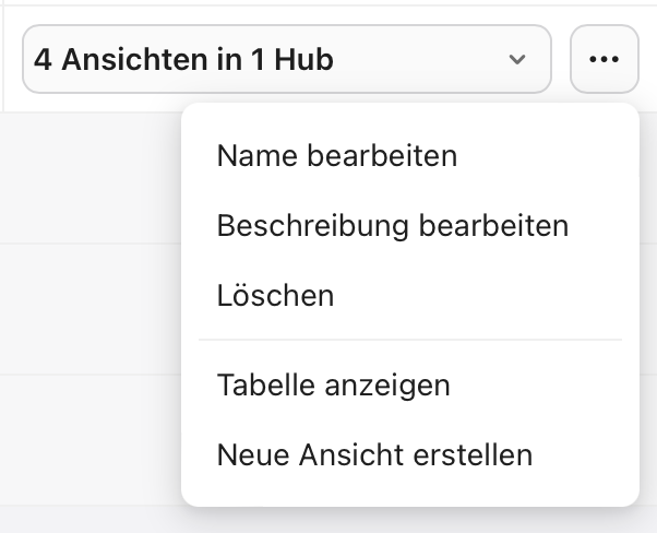 Register „Datenquellen“, Tabellenmenü