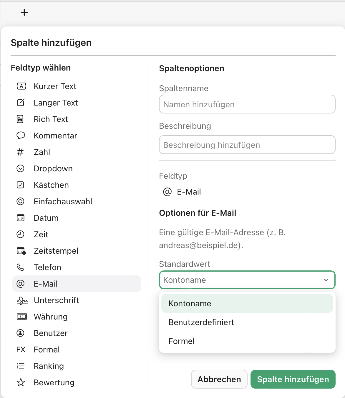 Spalte hinzufügen, E-Mail-Feld, Standardwert, Kontoname