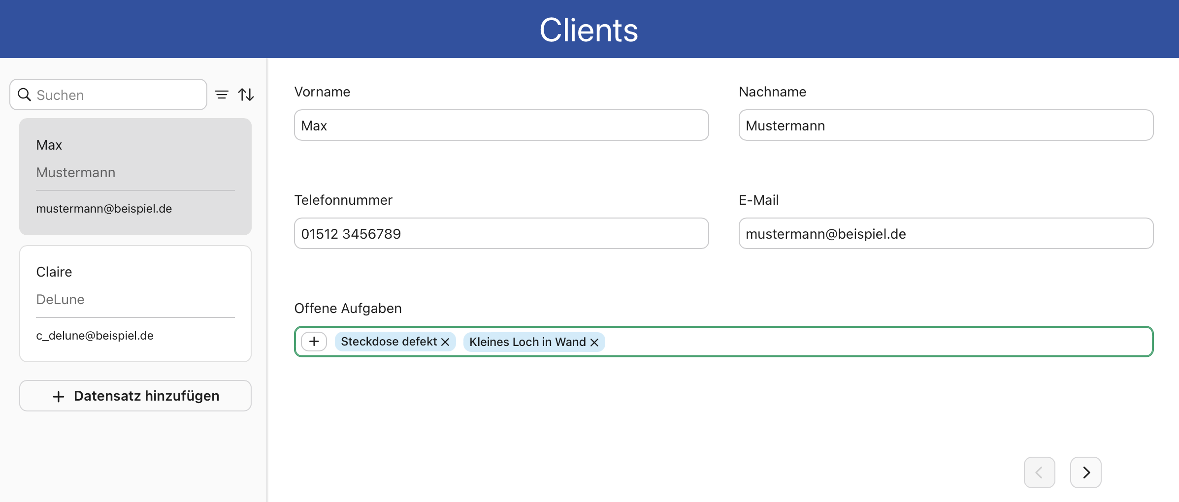 Beispiel für ein Bezugsdatenfeld, Offene Aufgaben für einen Client