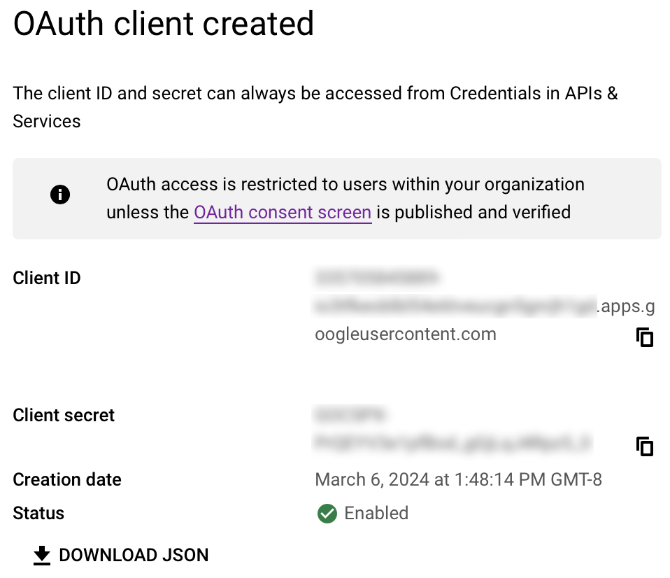Google Workspace OIDC, OAuth-Client erstellt