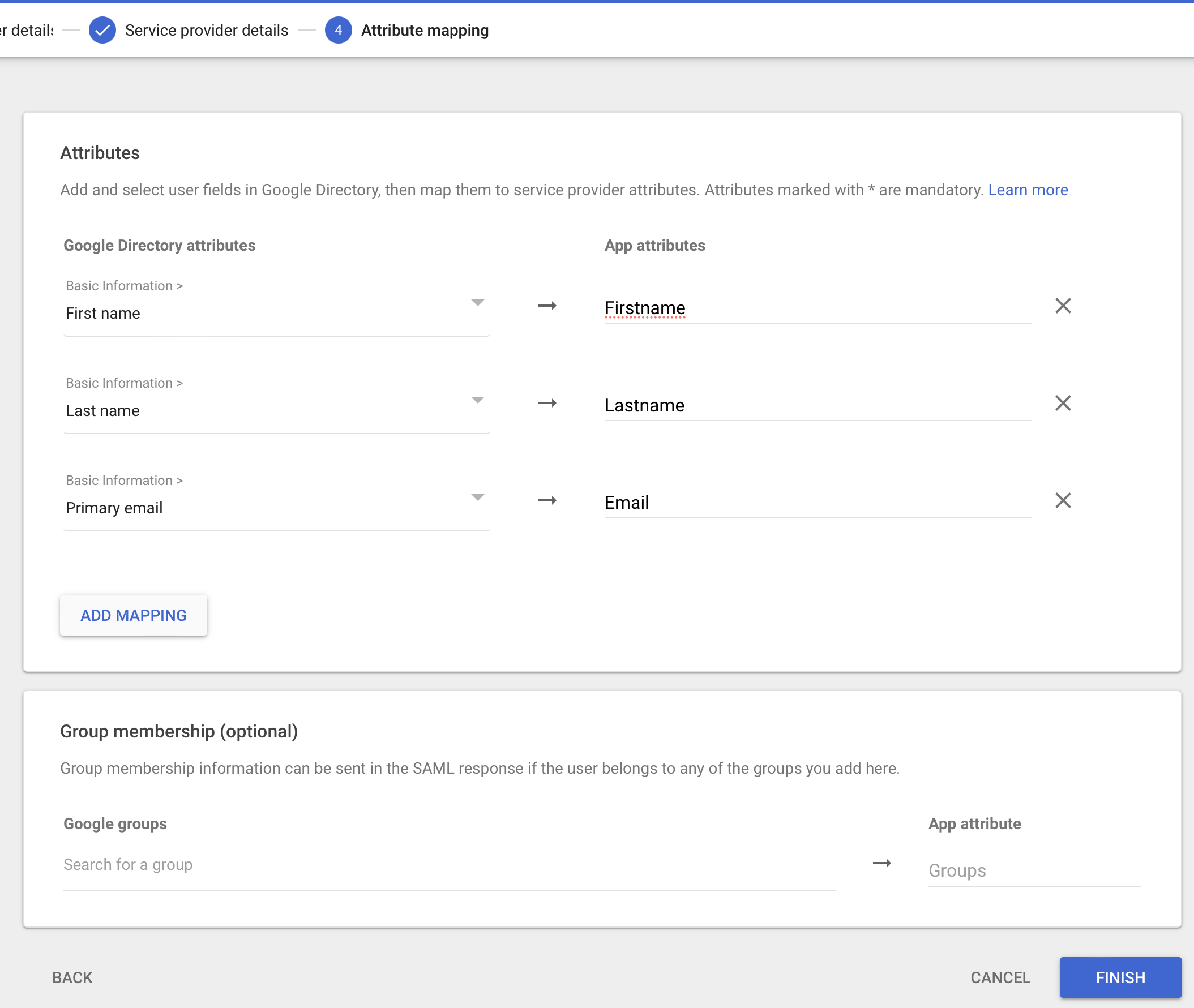 Google Workspace SAML, Attributzuordnung