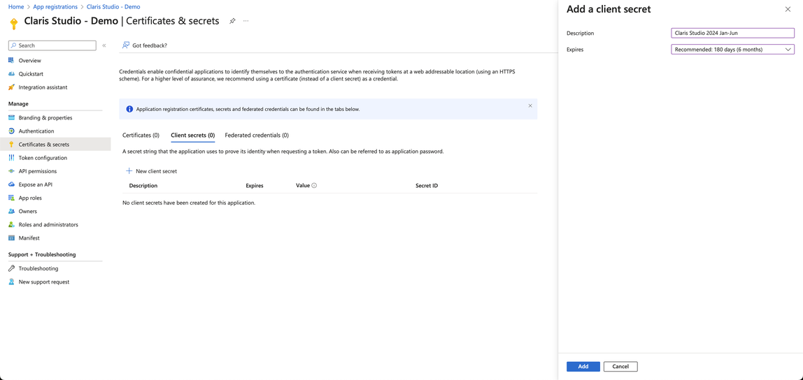 Microsoft Azure, Zertifikate & Geheimnisse, Neues Client-Secret