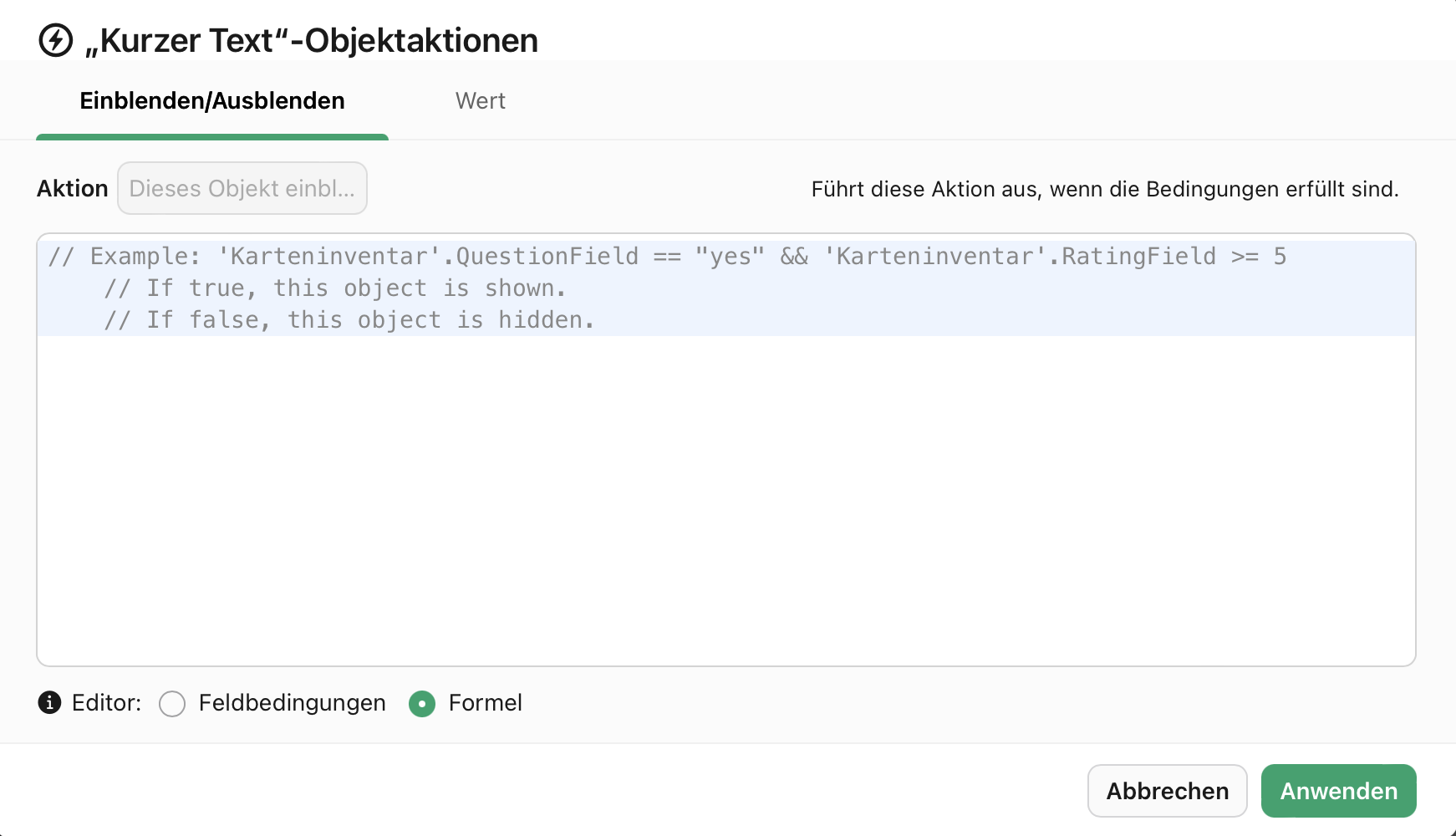 Objektaktionen, Editor, Formel