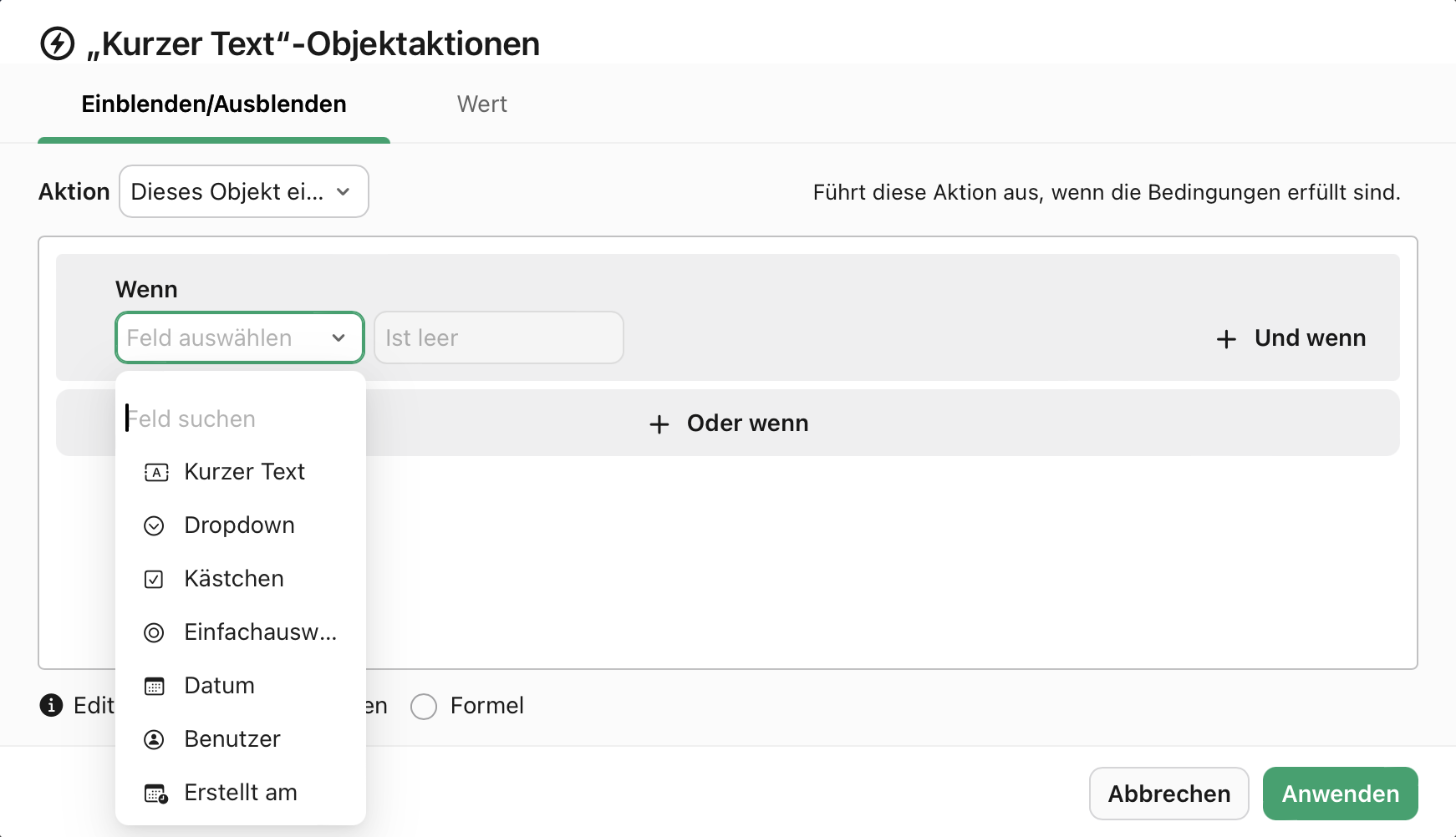Objektaktionen, Wenn, Feld auswählen