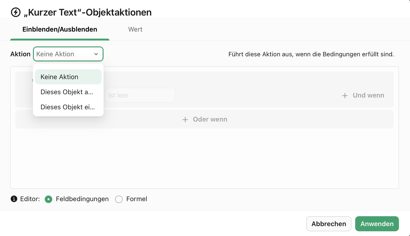 Objektaktionen, Aktionsoptionen Einblenden/Ausblenden