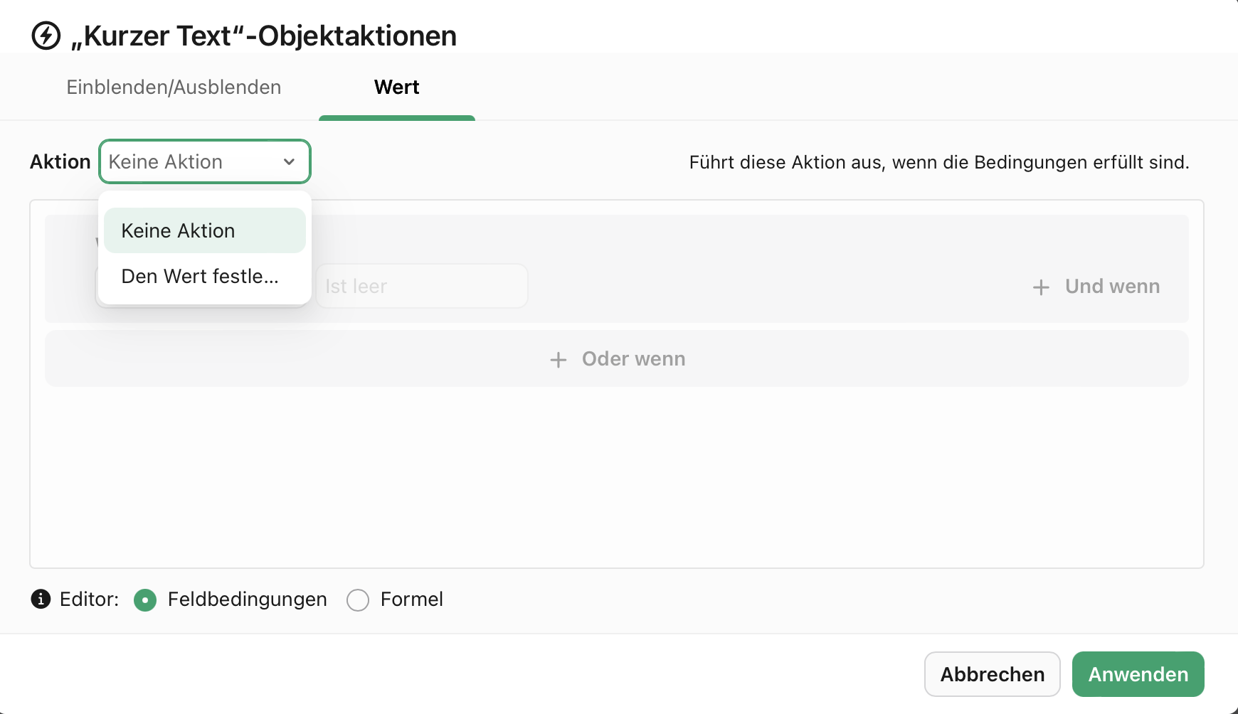 Objektaktionen, Wert, Aktion