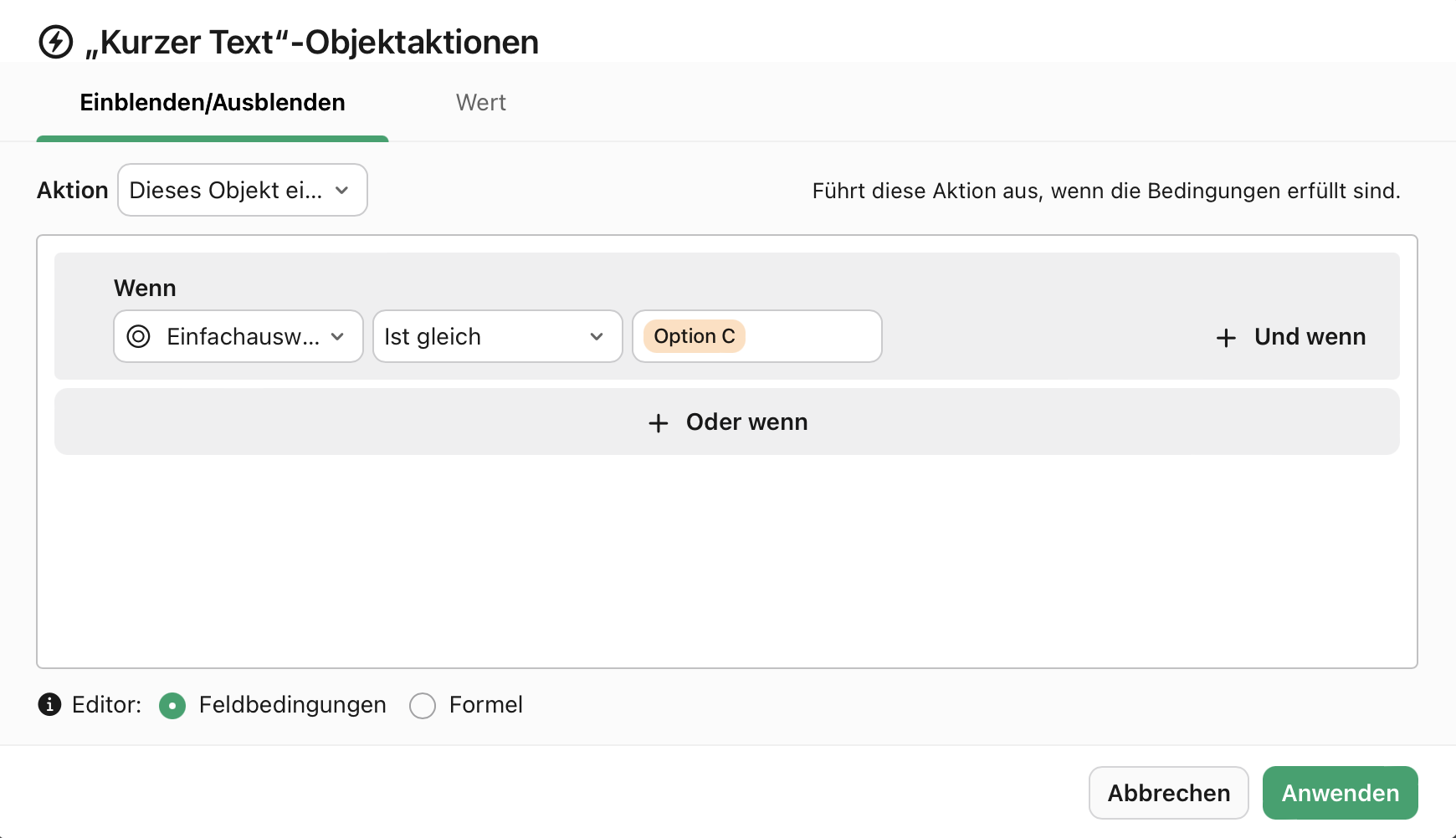 Objektaktionen, Wenn, Wert