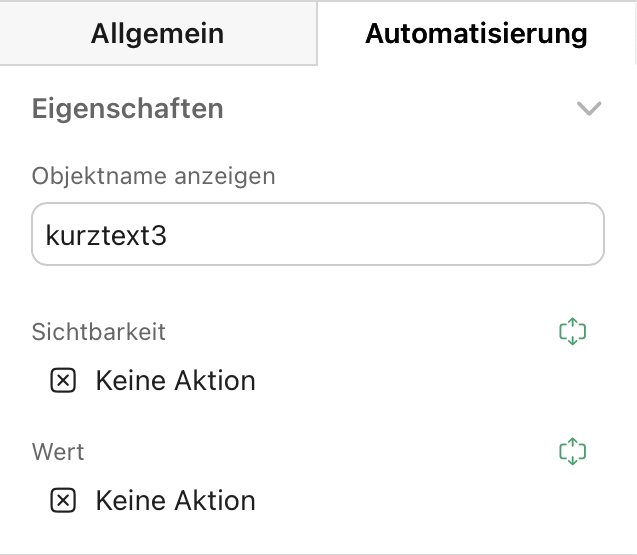 Register „Automatisierung“, Eigenschaften, Sichtbarkeit und Wert