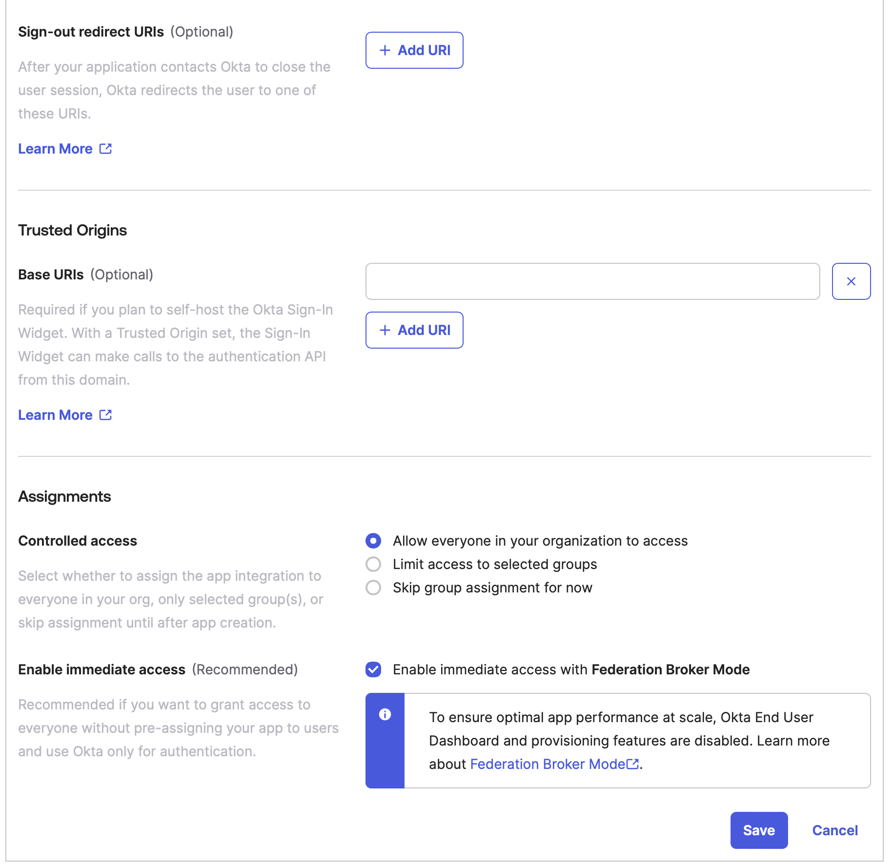 Okta, Neue Web-App-Integration, Weiterleitungs-URIs für Abmeldung, Kontrollierter Zugriff, Sofortigen Zugriff aktivieren