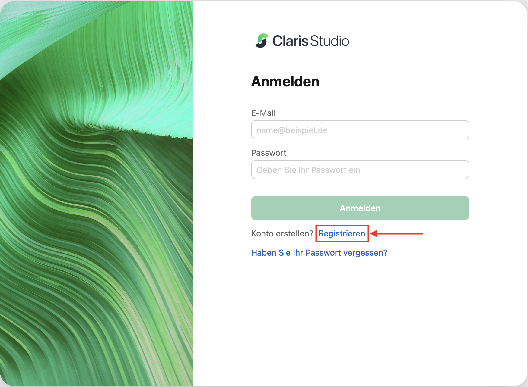 Zum Vergrößern klicken Claris Studio-Seite „Anmelden“ oder „Registrieren“ mit Registrierung angegeben