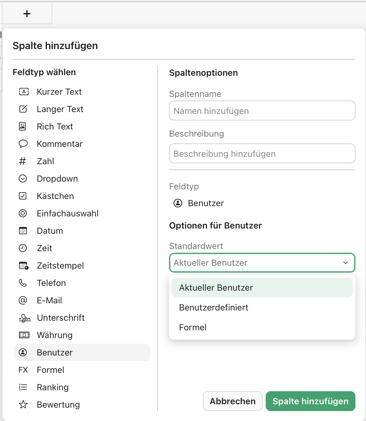 Spalte hinzufügen, Benutzer-Feld, Standardwert, aktueller Benutzer