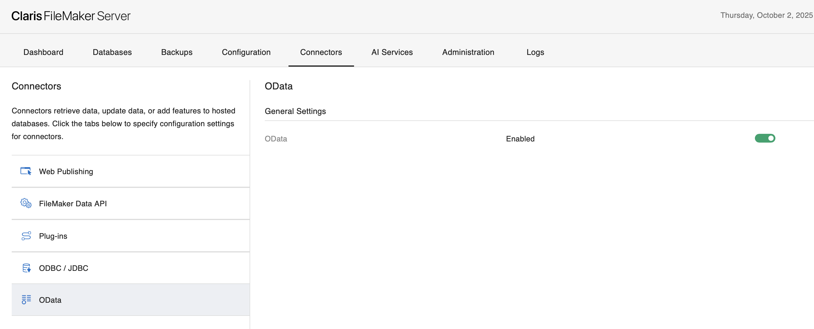 FileMaker Server Admin Console, OData enabled