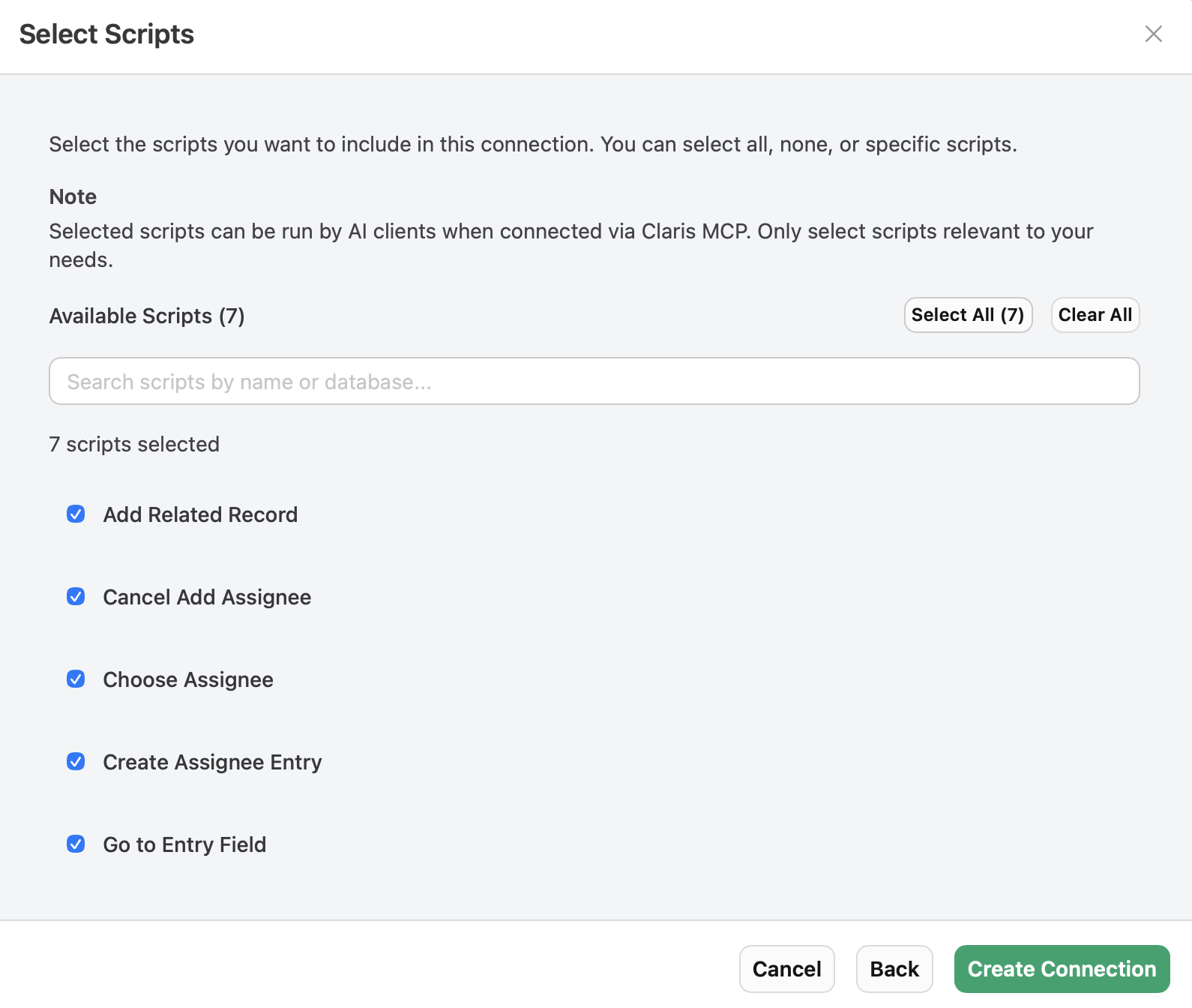 MCP Configuration, Add Connection, Select Scripts