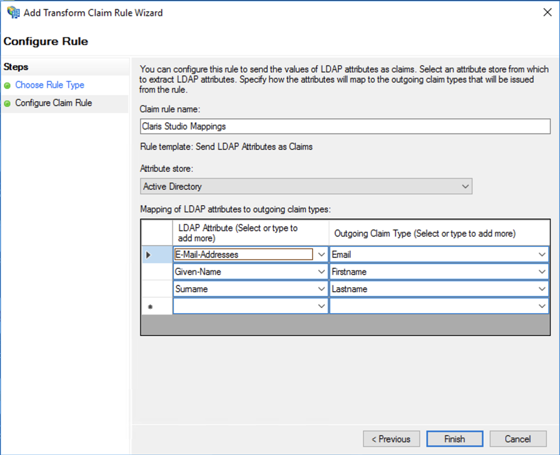 Active Directory Federation Services, add transform claim rule wizard, configure rule