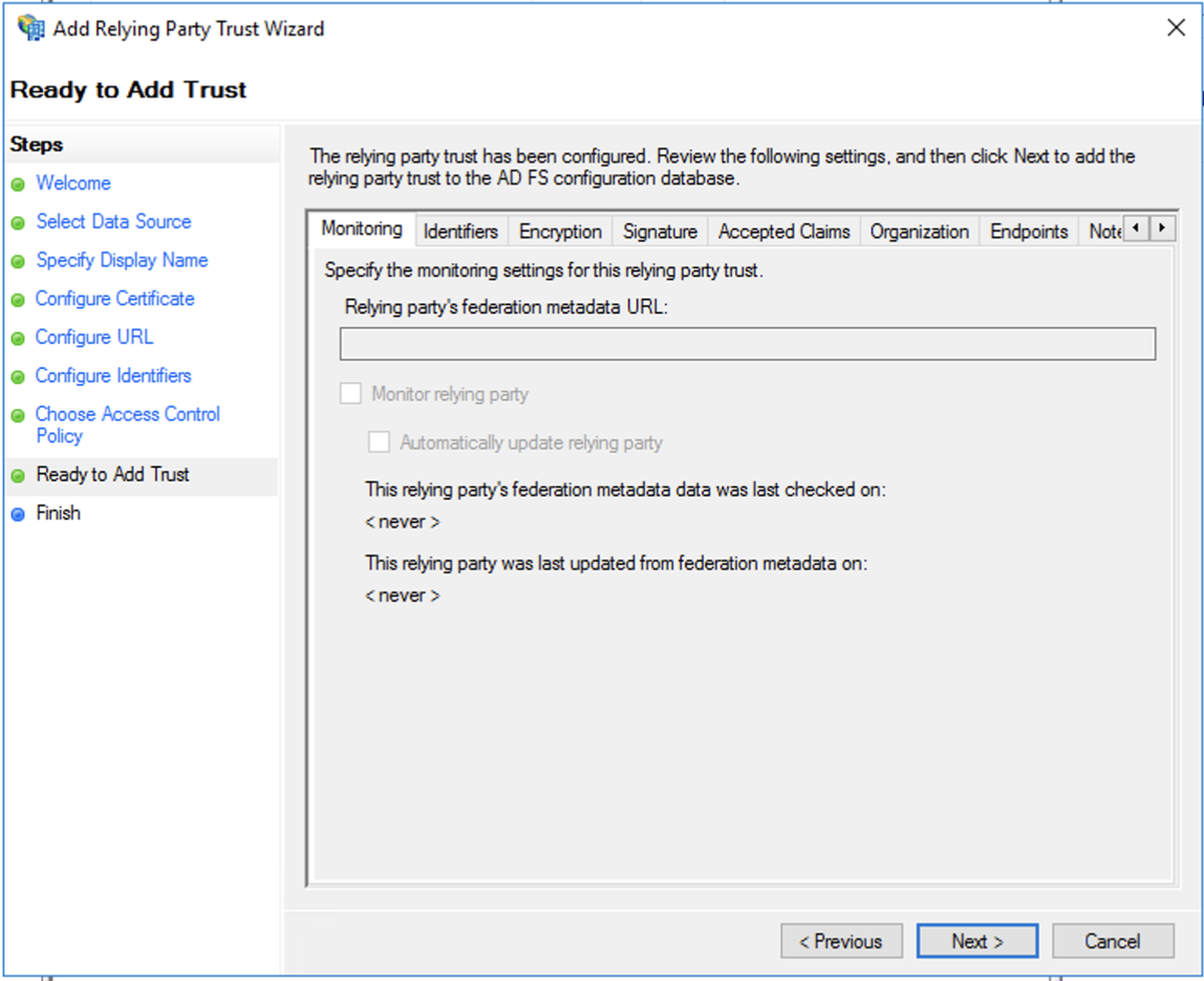 Active Directory Federation Services, relying party trust wizard, ready to add trust