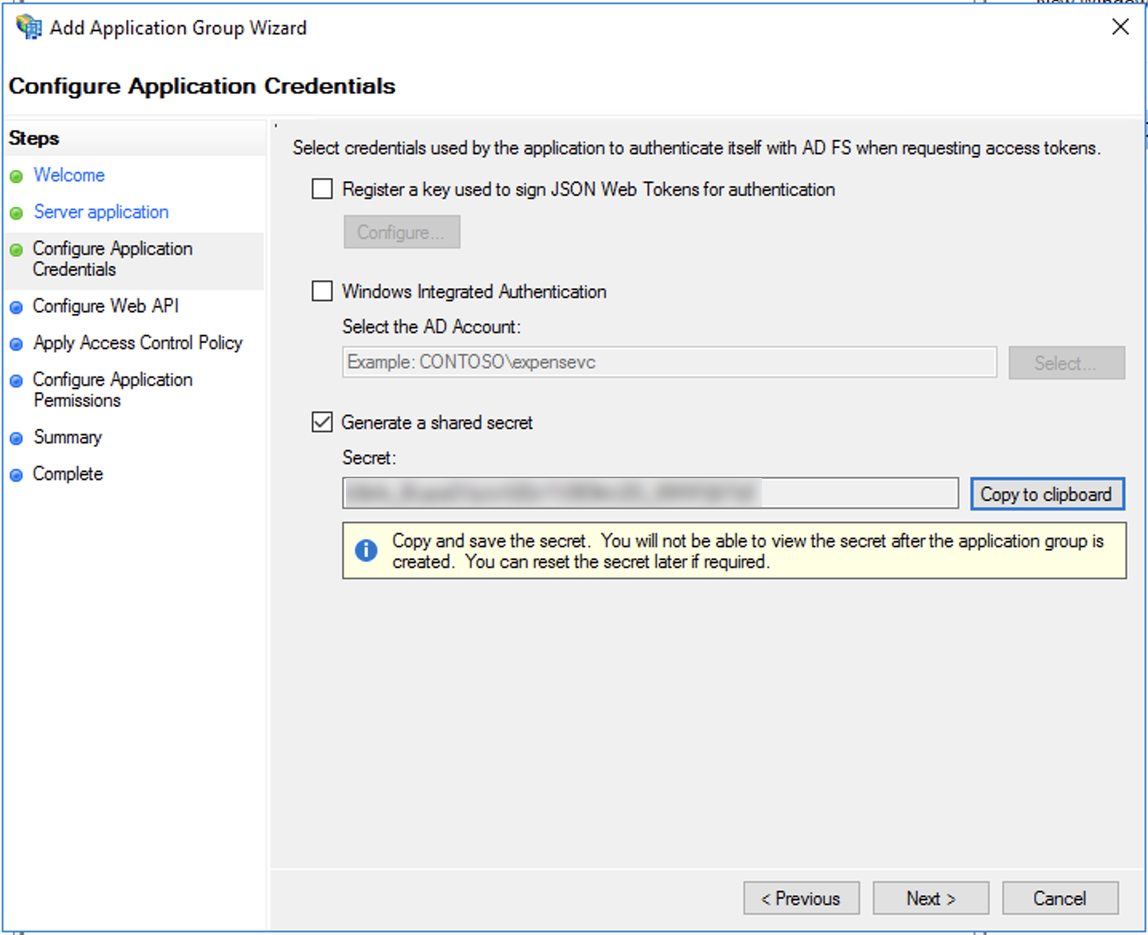 Active Directory Federation Services, app group wizard, shared secret