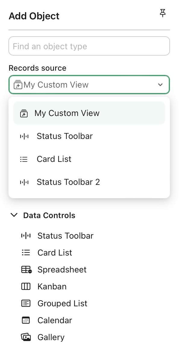 Custom view, Add Object menu, Records source menu