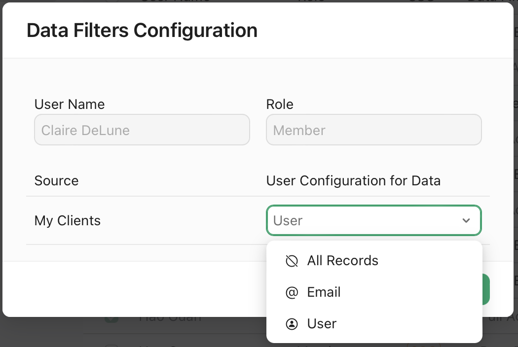 Data Filters Configuration, User Configuration for Data options
