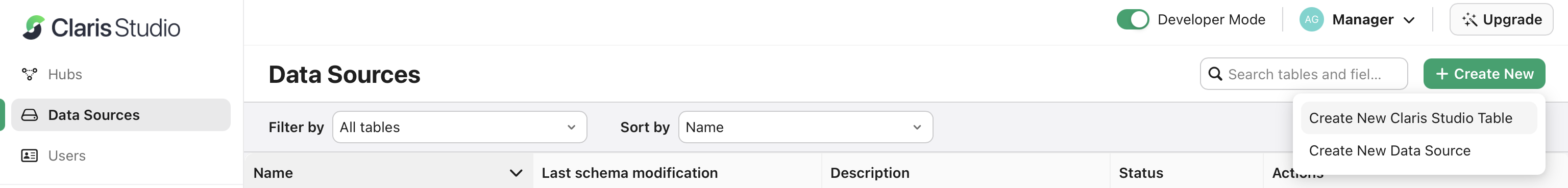 Data Sources tab, Create New