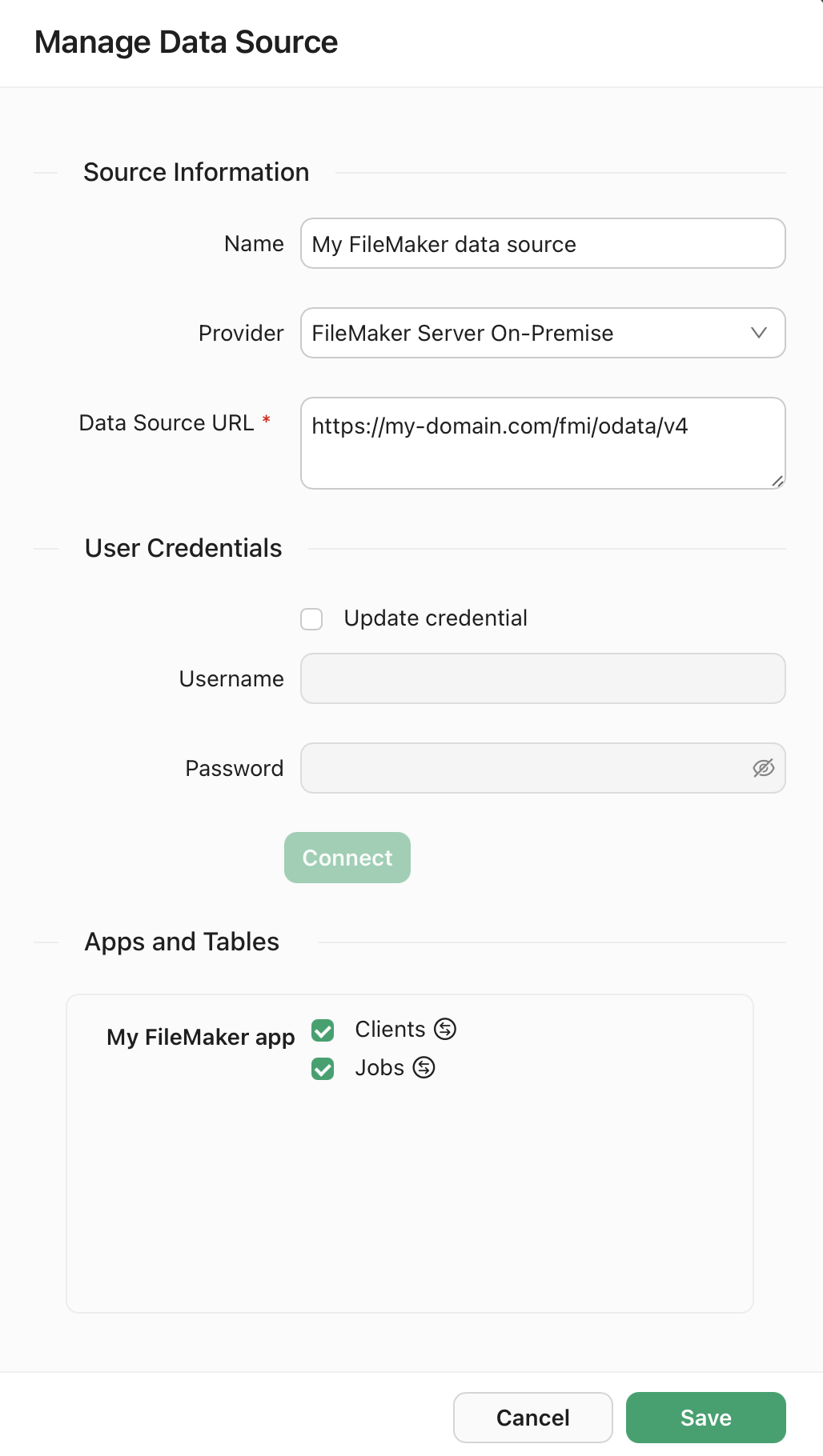 Data Sources tab, Create New Data Source dialog