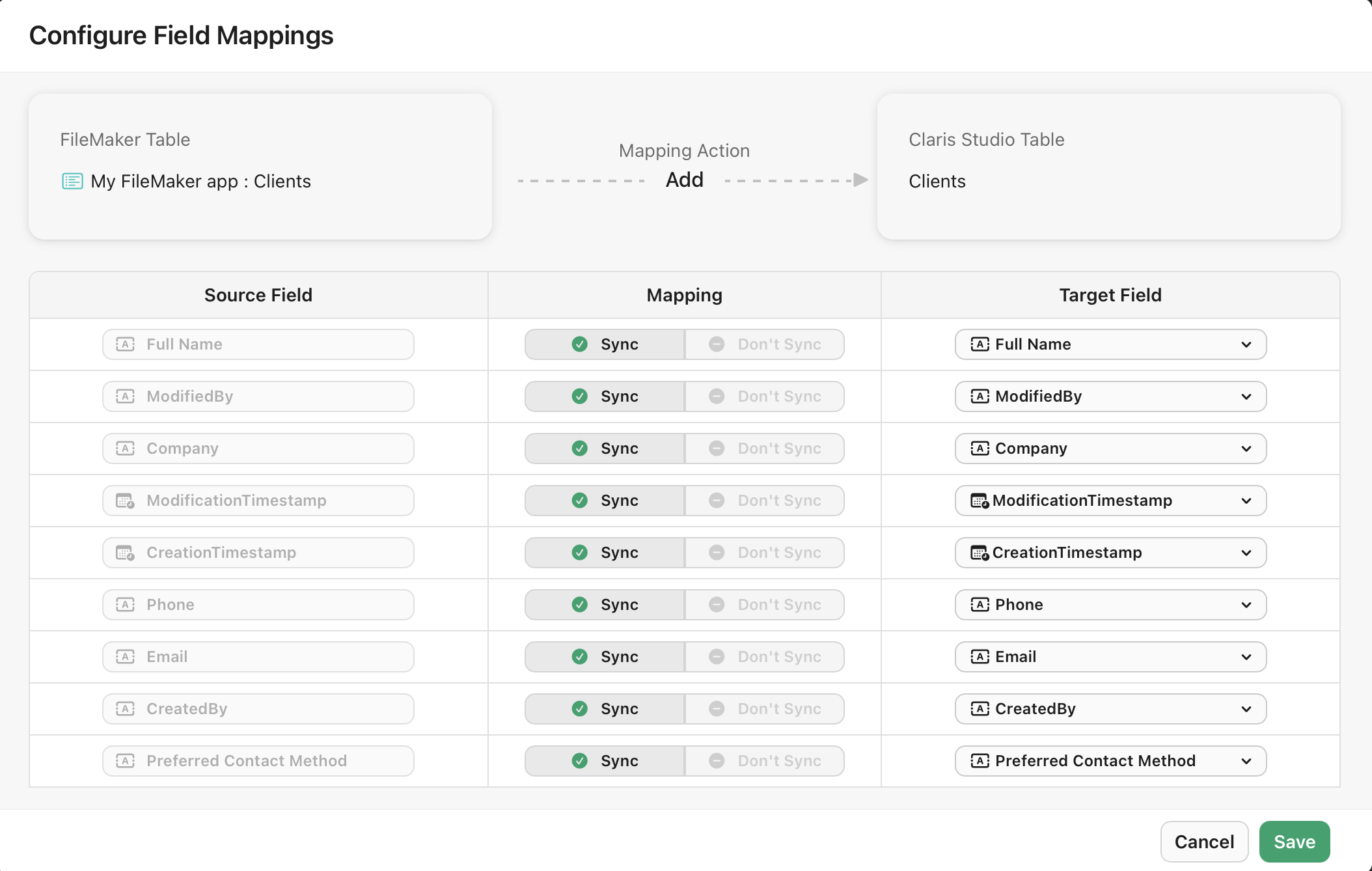 Data sources, Configure Field Mappings dialog, list of fields