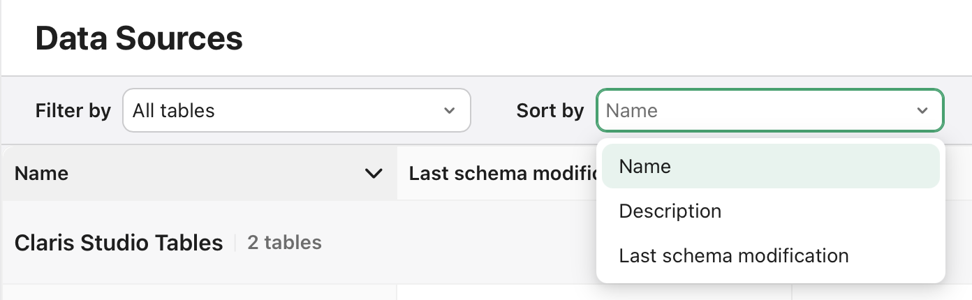 Data Sources tab, Sort by