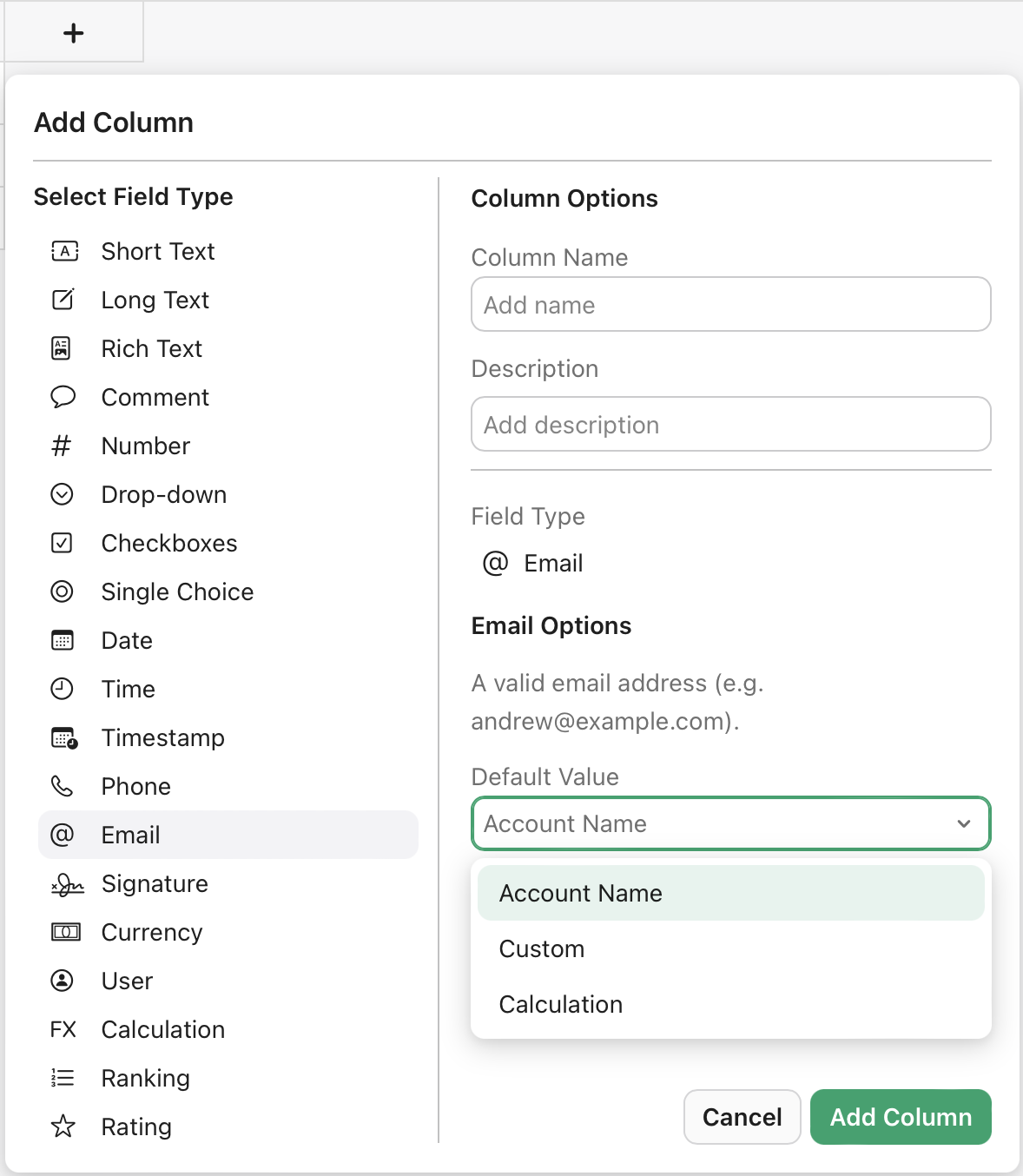Add Column, Email field, Default Value, Account Name