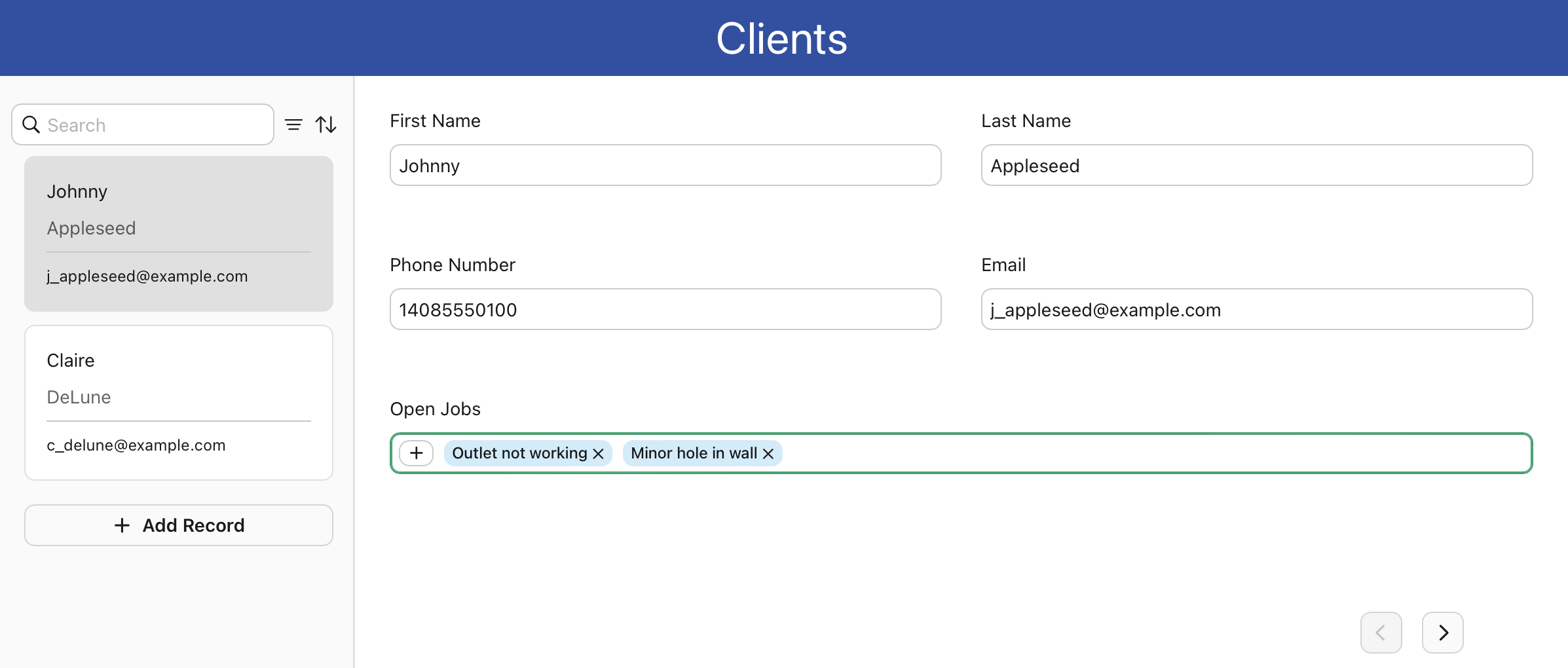 Related data field example, Open Jobs for a Client