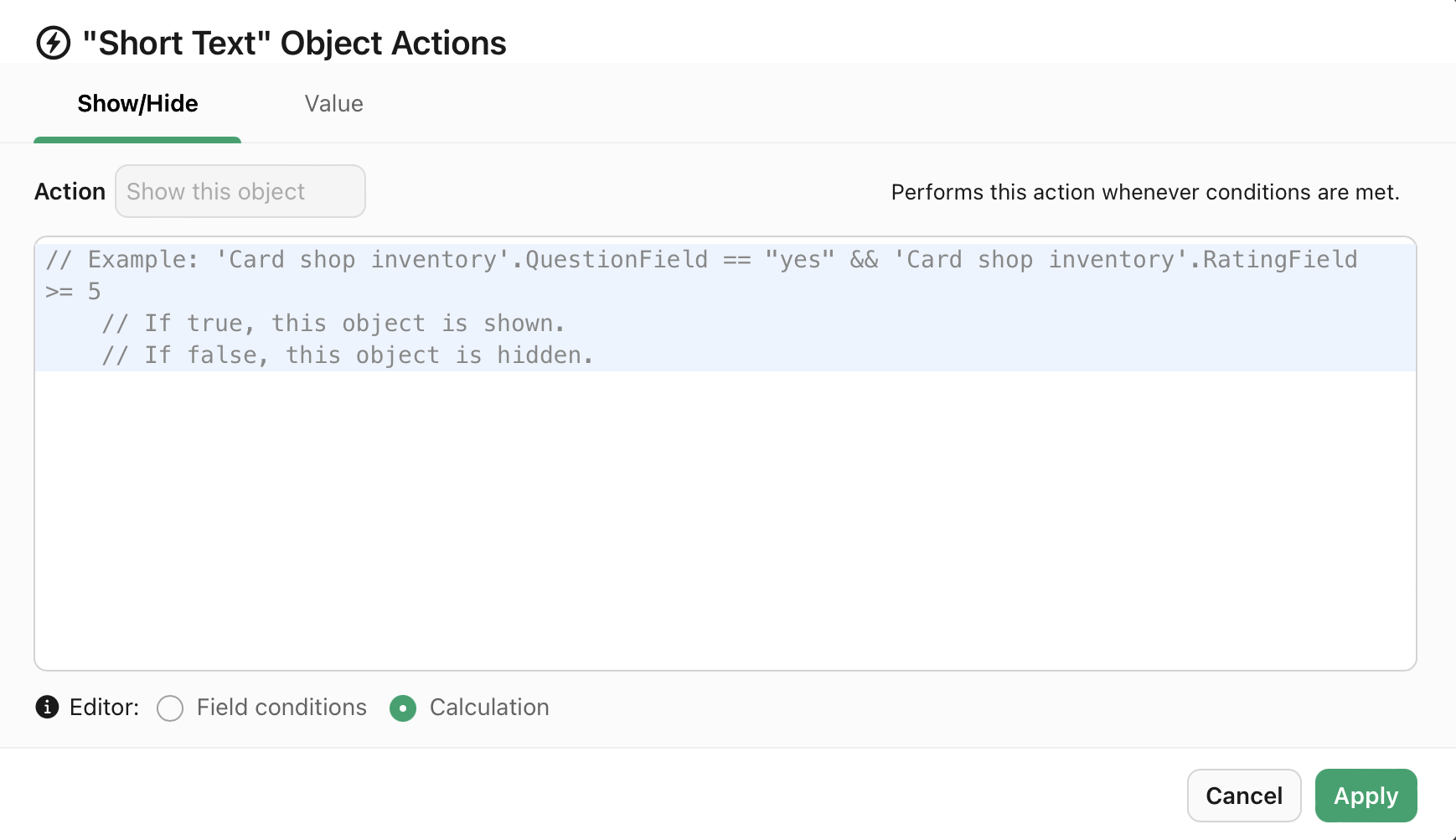 Object actions, Editor, Calculation