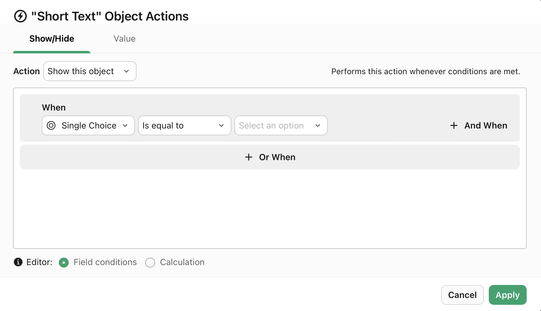Object actions, When, Condition