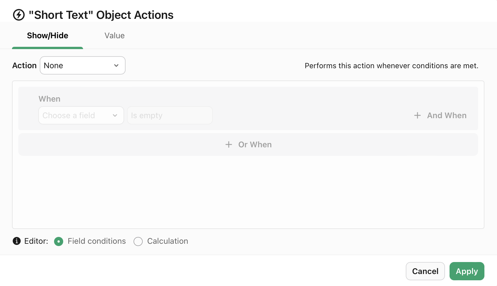 Object actions dialog