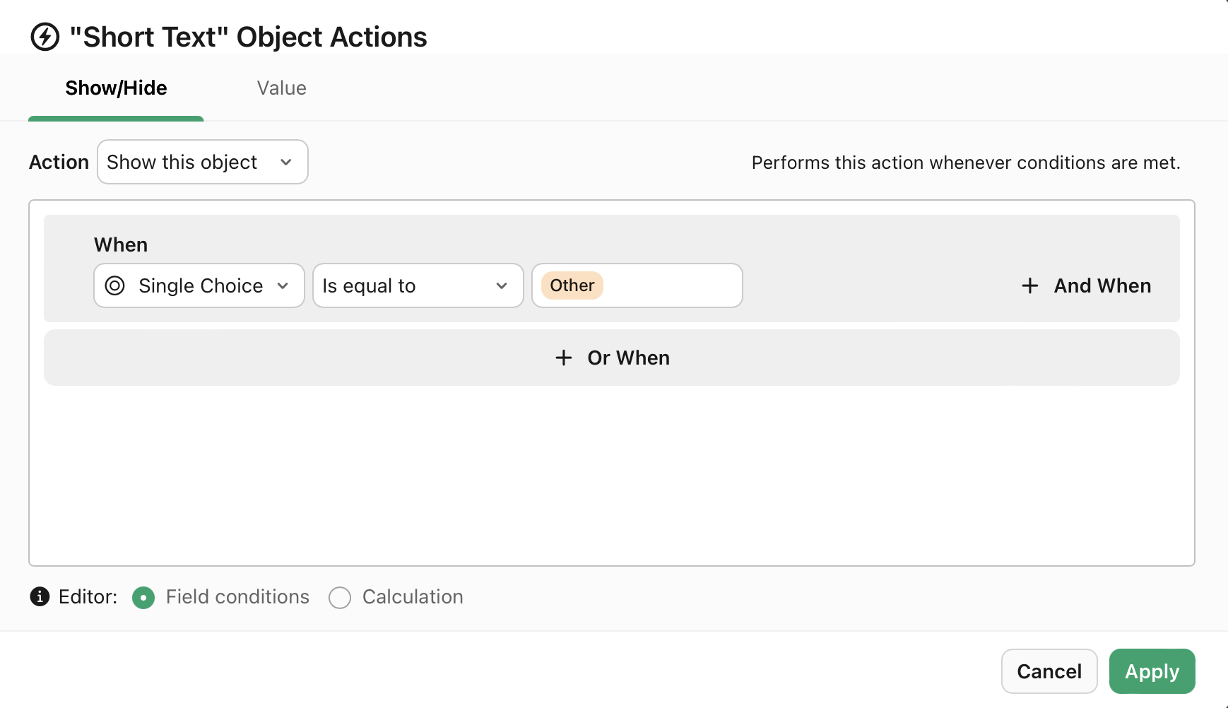 Object actions, When, Value