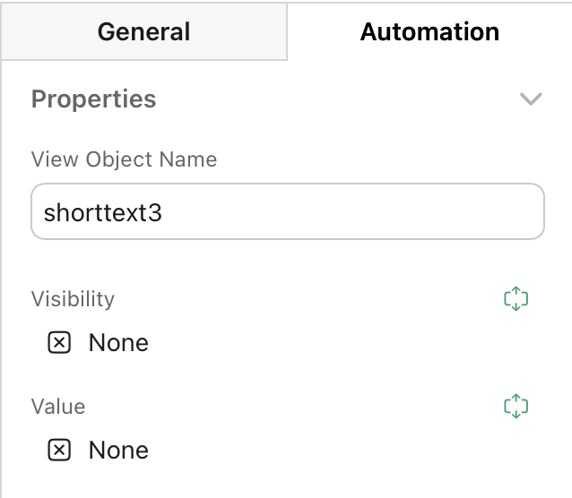 Automation tab, Properties, Visibility and Value