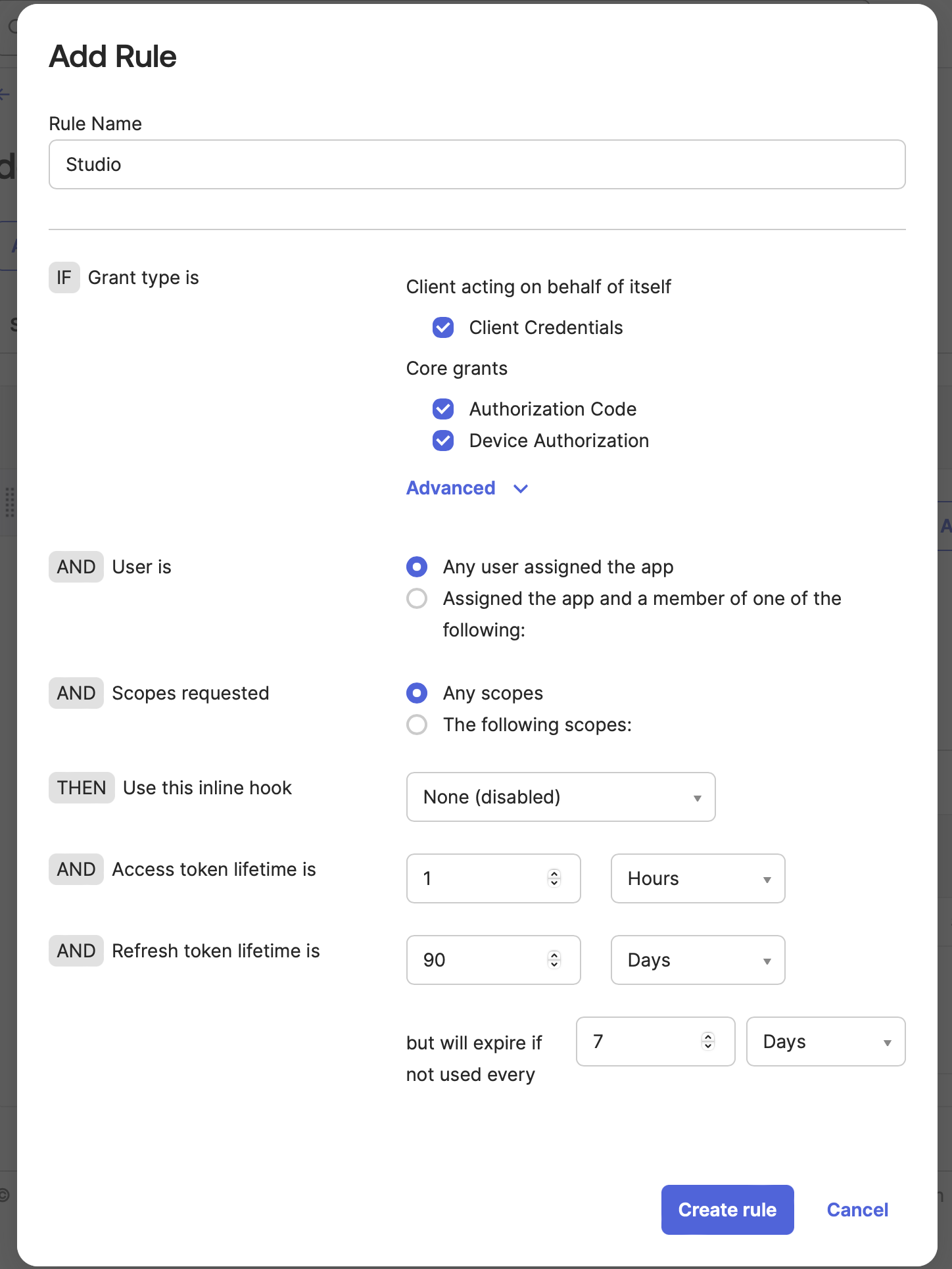 Okta, Access Policies, Add Rule, Name