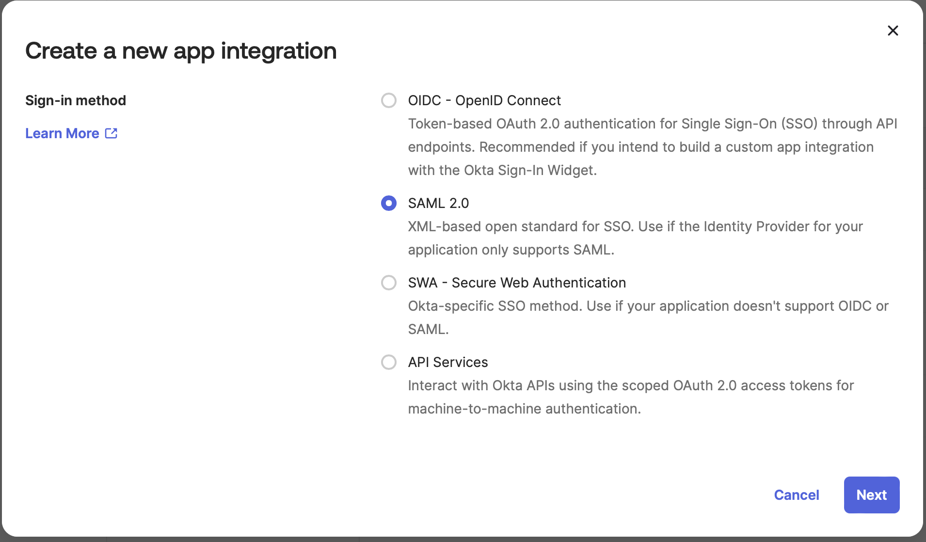 Okta, Create a new app integration, SAML 2.0