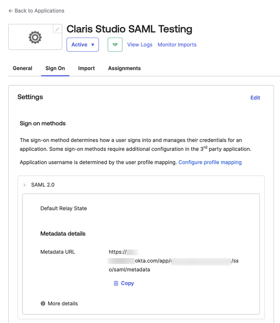 Okta, Settings, Sign on methods, Metadata URL