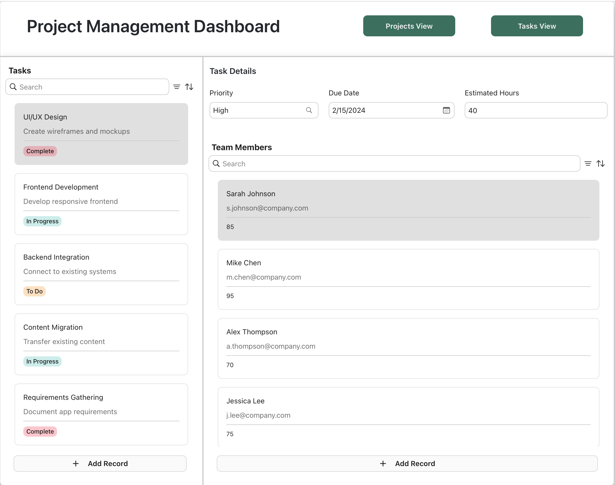 Frames example, Project Management Dashboard, Tasks View